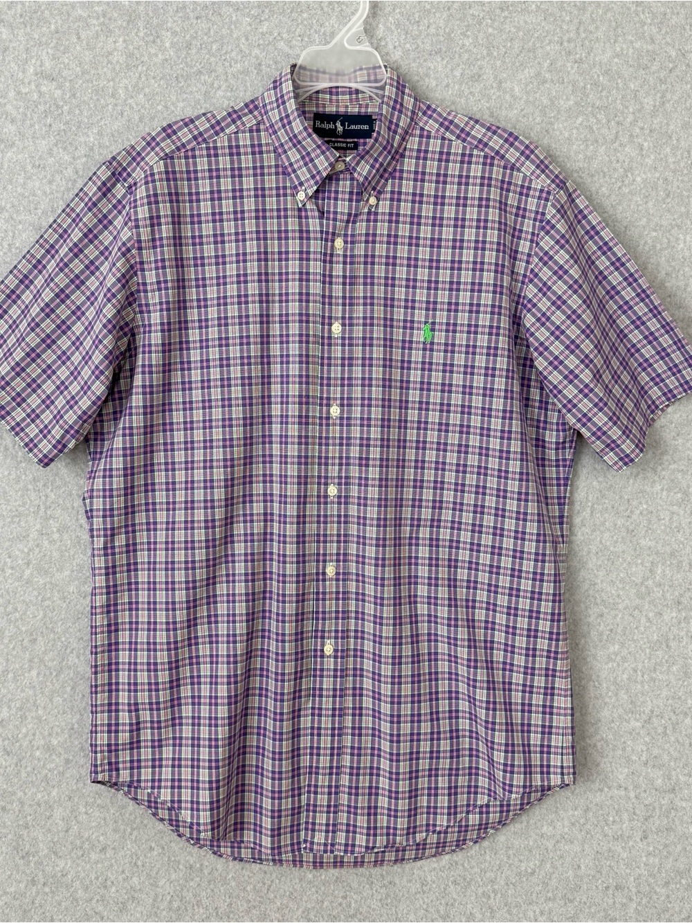 Ralph Lauren Button Up Shirt Mens Medium Classic Purple Plaid Pony Short Sleeve